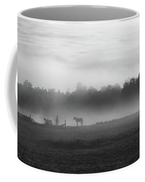 Horse Coffee Mug featuring the photograph Morning Fog BW by Michael Ver Sprill