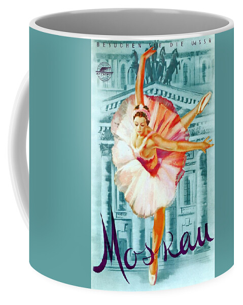 Moskau Coffee Mug featuring the mixed media Moskau - Ballerina in pink Dancing - Retro travel Poster - Vintage Poster by Studio Grafiikka