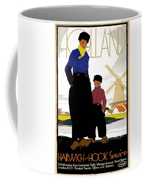 Mother And Child Coffee Mug featuring the painting Mother and Child near a windmill in Holland - Vintage Travel Poster by Studio Grafiikka