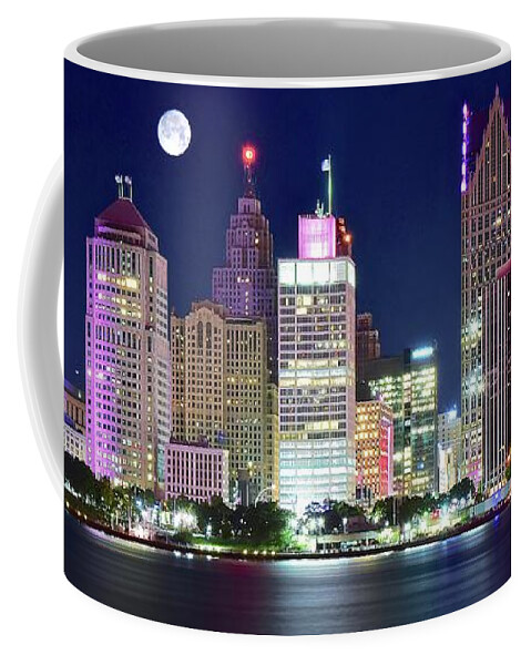 Detroit Coffee Mug featuring the photograph Motor City Night with Full Moon by Frozen in Time Fine Art Photography