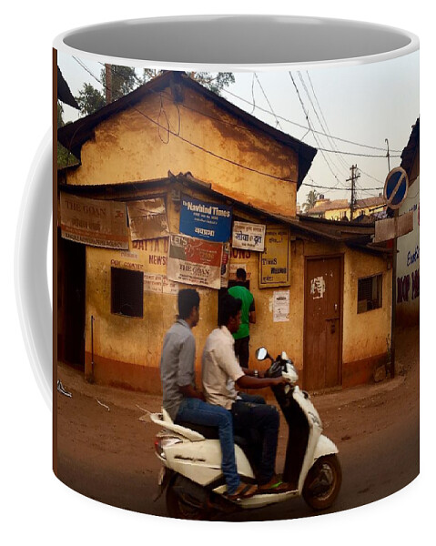 Goa Coffee Mug featuring the photograph Motorbike crossing Goa Times newstand by Funkpix Photo Hunter