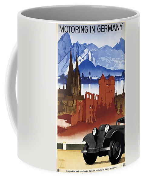 Motoring In Germany Coffee Mug featuring the mixed media Motoring in Germany - Retro travel Poster - Vintage Poster by Studio Grafiikka