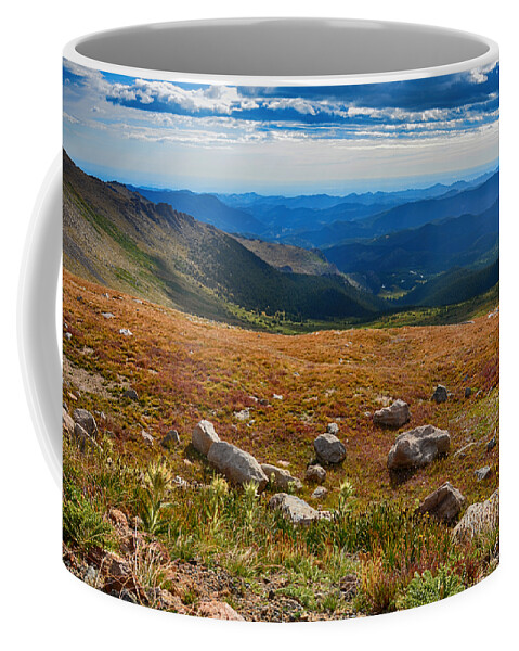 Mount Evans Coffee Mug featuring the mixed media Mount Evans Tundra by Angelina Tamez
