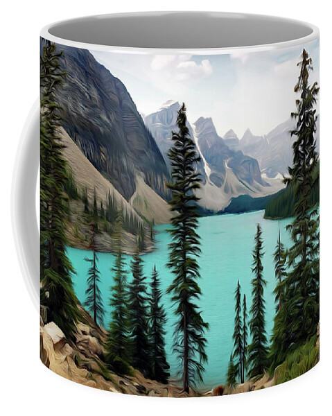 Lake Coffee Mug featuring the digital art In the Valley of the Ten Peaks by Hans Brakob