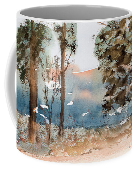Mt Field National Park Coffee Mug featuring the painting Mt Field Gum Tree Silhouettes against Salmon coloured Mountains by Dorothy Darden