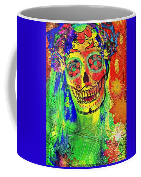 Neon Colors Skull Coffee Mug featuring the digital art Mujer Muerte by Pamela Smale Williams