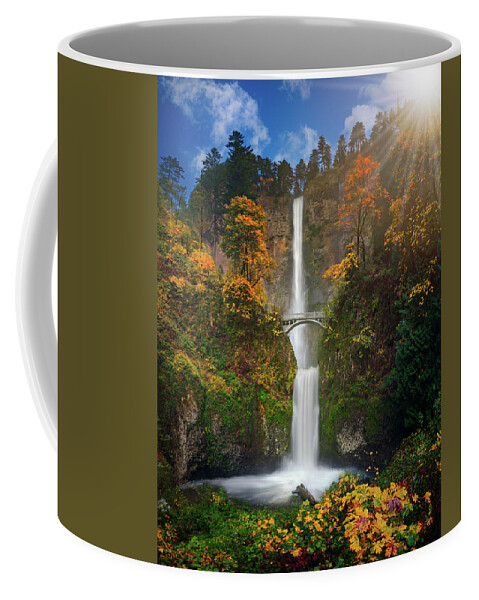 Falls Coffee Mug featuring the photograph Multnomah Falls in Autumn colors -panorama by William Lee