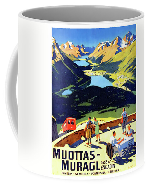 Muottas Muragl Coffee Mug featuring the painting Muottas - Muragl, Switzerland, travel poster by Long Shot
