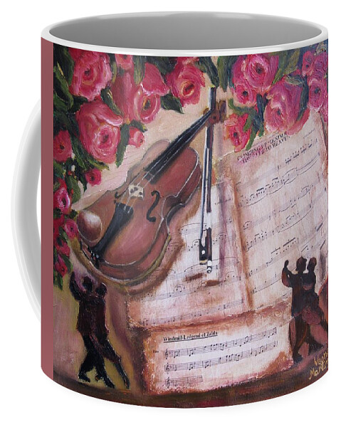 Music Coffee Mug featuring the mixed media Music And Roses by Vesna Martinjak