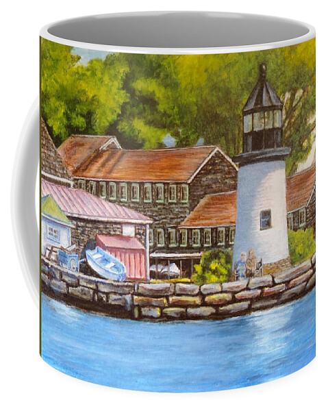 Lighthouse Coffee Mug featuring the painting Mystic Seaport Lighthouse by Jodi Higgins