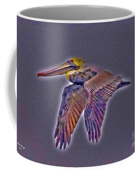 Brown Coffee Mug featuring the digital art Mystical Brown Pelican Soaring Spirit by DB Hayes