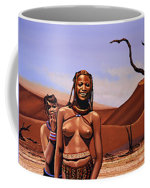 Namibia Coffee Mug featuring the painting Himba Girls Of Namibia by Paul Meijering