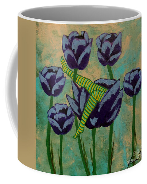 Fairy Coffee Mug featuring the painting Fairy Napping in the Purple Tulips by Jean Fry