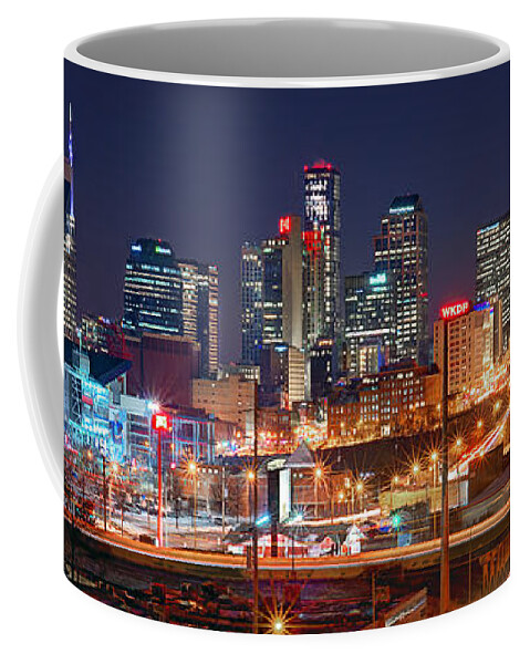 Nashville Coffee Mug featuring the photograph Nashville Skyline at Night 2018 Panorama Color by Jon Holiday