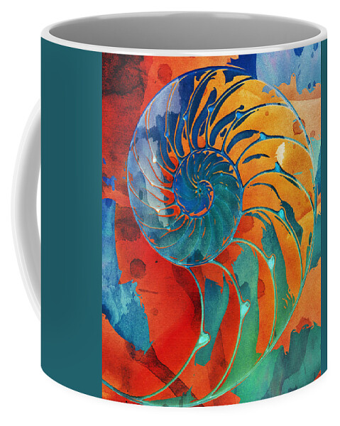 Clare Bambers Coffee Mug featuring the digital art Nautilus Shell Orange Blue Green by Clare Bambers