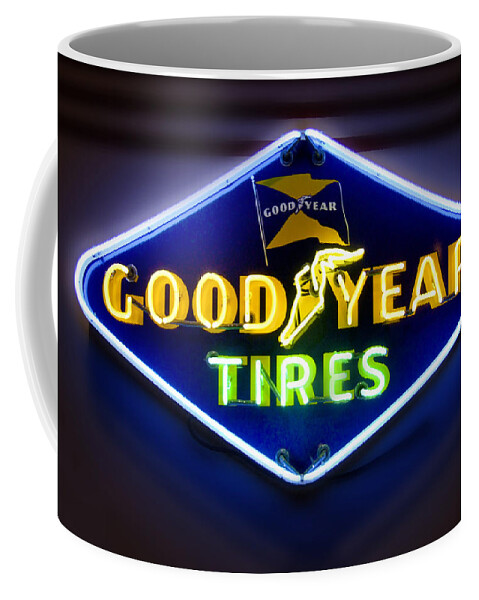 Transportation Coffee Mug featuring the photograph Neon Goodyear Tires Sign by Mike McGlothlen
