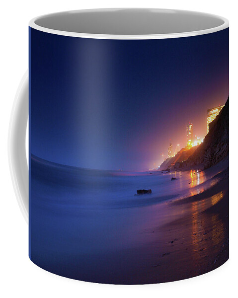 Blue Coffee Mug featuring the photograph Netanya Beach At Night by Meir Ezrachi