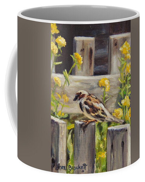 Finch Coffee Mug featuring the painting Nevada City Garden by Lori Brackett