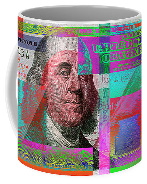 'paper Currency' Collection By Serge Averbukh Coffee Mug featuring the digital art New 2009 Series Pop Art Colorized US One Hundred Dollar Bill No. 3 by Serge Averbukh