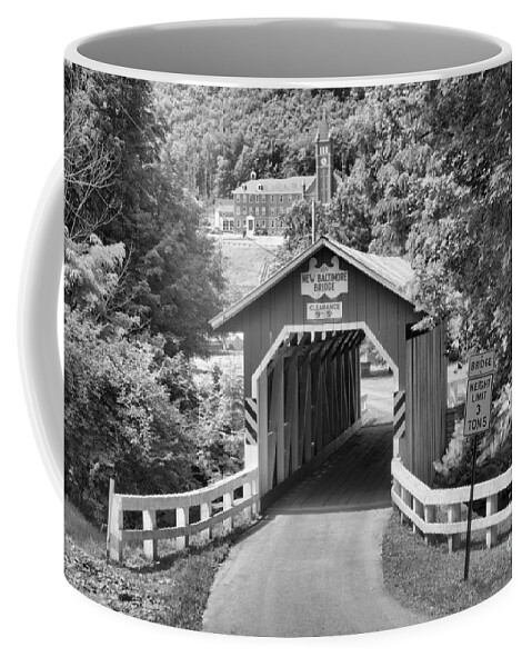 New Baltimore Covered Bridge Coffee Mug featuring the photograph New Baltimore Covered Bridge Landscape Black And White by Adam Jewell