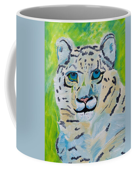 Snow Leopard Coffee Mug featuring the painting Eyes On You Snow Leopard by Meryl Goudey