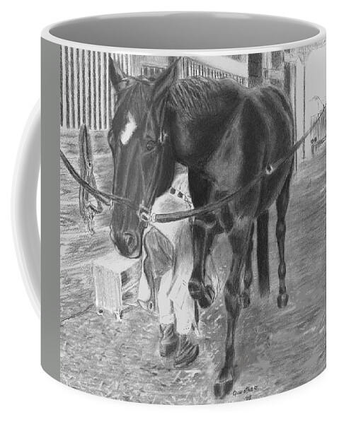 Horse Coffee Mug featuring the drawing New Shoes by Quwatha Valentine
