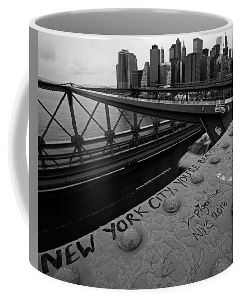 New York Coffee Mug featuring the photograph New York City You're Beautiful Brooklyn Bridge NY Black and White by Toby McGuire