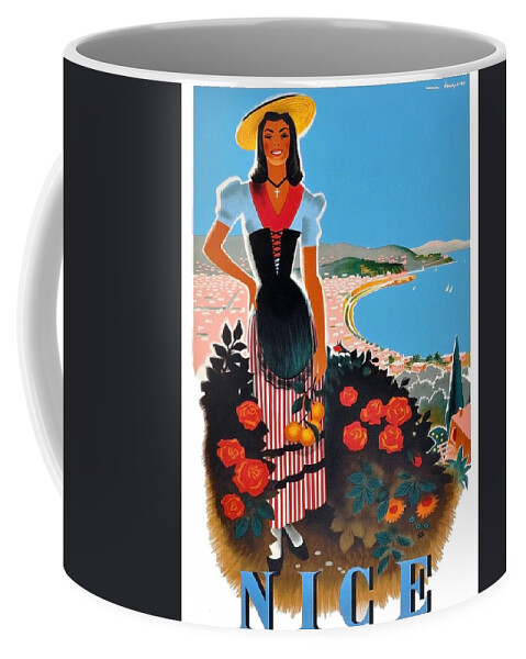 Nice Coffee Mug featuring the painting Nice, French riviera, landscape, happy woman with flowers by Long Shot