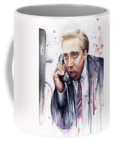 Nicolas Cage Coffee Mug featuring the painting Nicolas Cage A Vampire's Kiss Watercolor Art by Olga Shvartsur