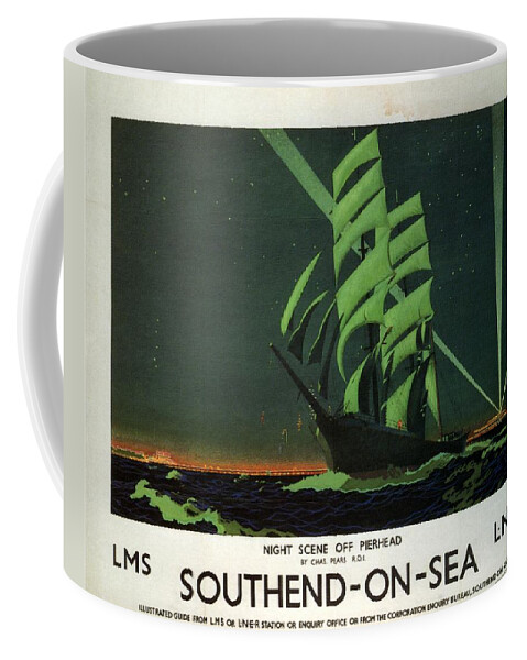 Pierhead Coffee Mug featuring the mixed media Night Scene Off Pierhead - Southend-On-Sea, England - Retro travel Poster - Vintage Poster by Studio Grafiikka