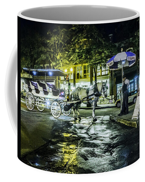 Wilmington's Riverfront Was Named The best American Riverfront By Usa Today.it Is Minutes Away From Nearby Beaches. Tours Coffee Mug featuring the photograph Night tours by horse drawn carriage. by WAZgriffin Digital