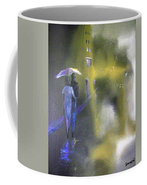 Art Coffee Mug featuring the painting Night Walk in the Rain by Raymond Doward