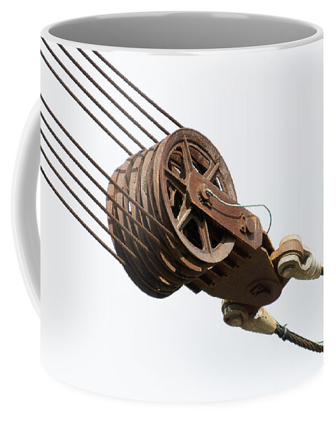 No Rest For The Weary Coffee Mug featuring the photograph No Rest for the Weary -- Abandoned Crane Cables and Pulley in Alameda, California by Darin Volpe