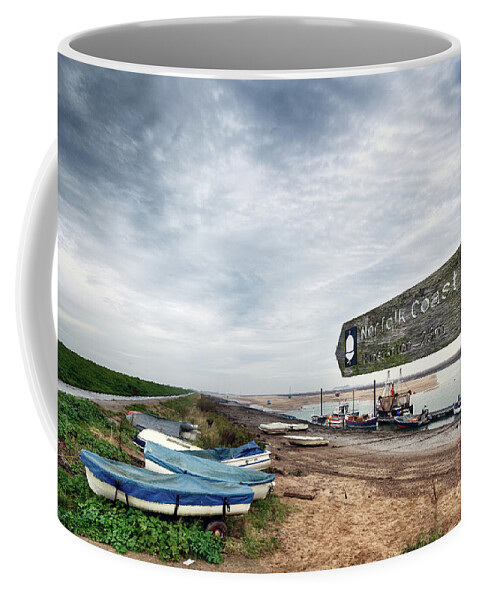 Norfolk Coffee Mug featuring the photograph Norfolk coastal path sign and boats by Simon Bratt