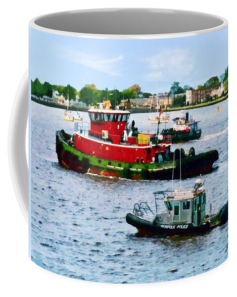 Boat Coffee Mug featuring the photograph Norfolk VA - Police Boat and Two Tugboats by Susan Savad