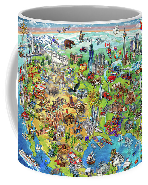 Los Angeles; Santa Barbara; Us; Usa; Maria Rabinky; Rabinky; New York; Illustrated Map; United States; Chicago; San Francisco; Pictorial Map; America; Colorful Map Of America Coffee Mug featuring the painting North America Wonders Map Illustration by Maria Rabinky