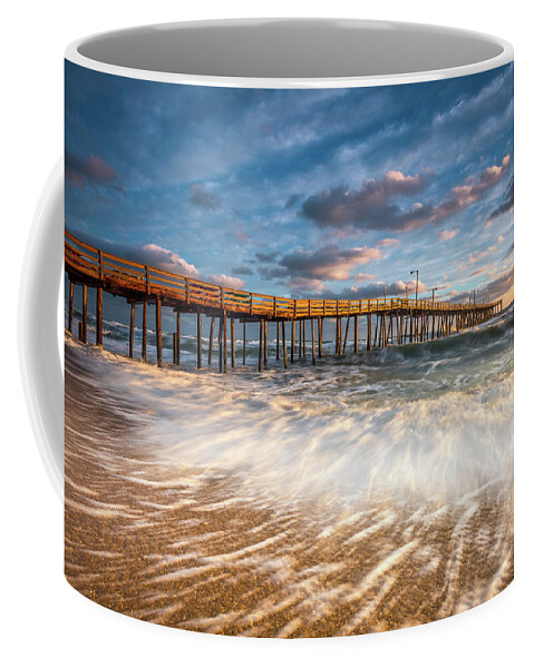 Outer Banks Coffee Mug featuring the photograph North Carolina Outer Banks Nags Head Pier Seascape at Sunrise by Dave Allen
