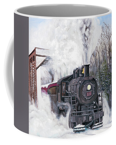 Train Coffee Mug featuring the painting Northbound at 35 Below by Joe Baltich