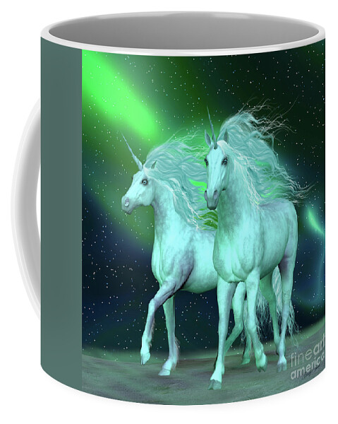 Unicorn Coffee Mug featuring the digital art Northern Lights Unicorns by Corey Ford