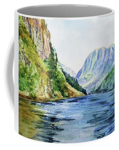 Northern Coffee Mug featuring the painting Northern Mountain Lake Watercolor by Irina Sztukowski