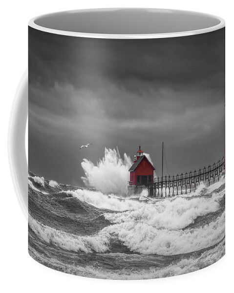 Lighthouse Coffee Mug featuring the photograph November Storm with Flying Gull by the Grand Haven Lighthouse by Randall Nyhof