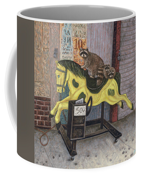 Raccoons Coffee Mug featuring the painting Now We Ride II by Holly Wood