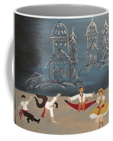 Abstract Christmas Nutcracker Ballet Dance Headresses Music Russia Russian Cossacks Navy Black White Wine Gold Brown Coffee Mug featuring the painting Nutcrackers Dance Of Russian Cossacks by Sharyn Winters