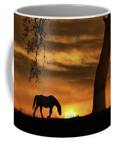 Horse Coffee Mug featuring the photograph Oak Tree and Horse Sunrise by Stephanie Laird