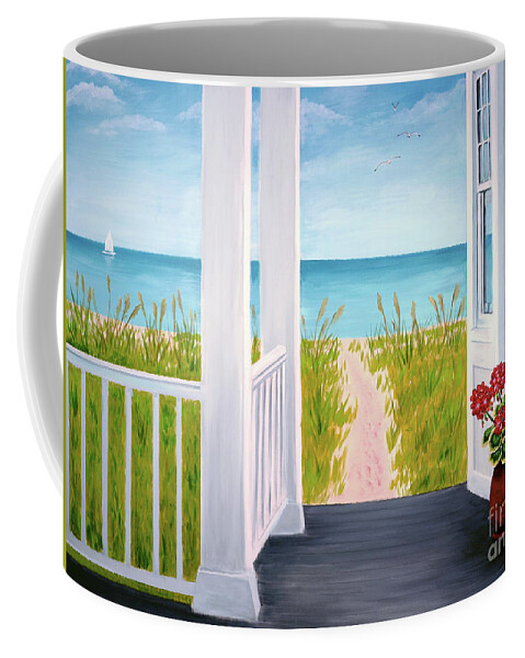 Porch Coffee Mug featuring the painting Ocean Porch View And Geraniums by Pat Davidson