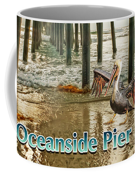 Oceanside Coffee Mug featuring the digital art Oceanside - Pelican Under the Pier by Gabriele Pomykaj