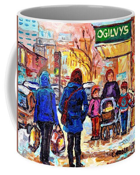 Downtown Montreal Coffee Mug featuring the painting Ogilvy's Beautiful Sunny Winter Stroll Downtown Montreal City Scene Painting Carole Spandau     by Carole Spandau