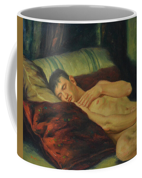 Original Art Coffee Mug featuring the painting Oil Painting Male Nude Sleeping On Bed On Linenr#16-7-16 by Hongtao Huang