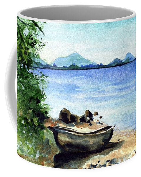 Malawi Coffee Mug featuring the painting Old Carved Boat At Lake Malawi by Dora Hathazi Mendes