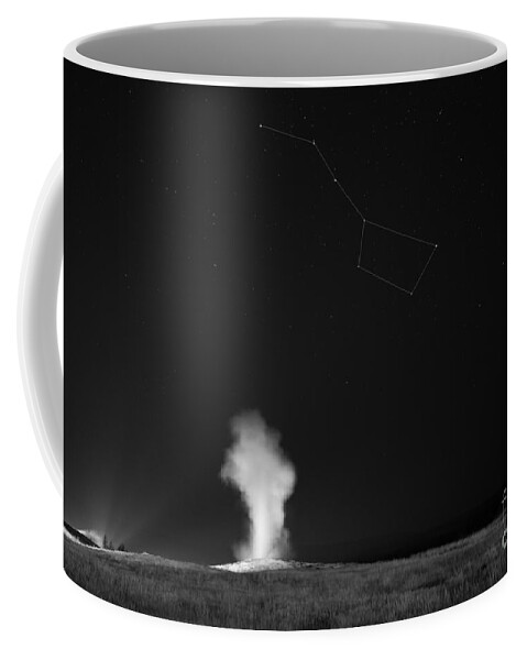 Old Faithful Coffee Mug featuring the photograph Old Faithful Night Eruption Under The Big Dipper BW by Michael Ver Sprill